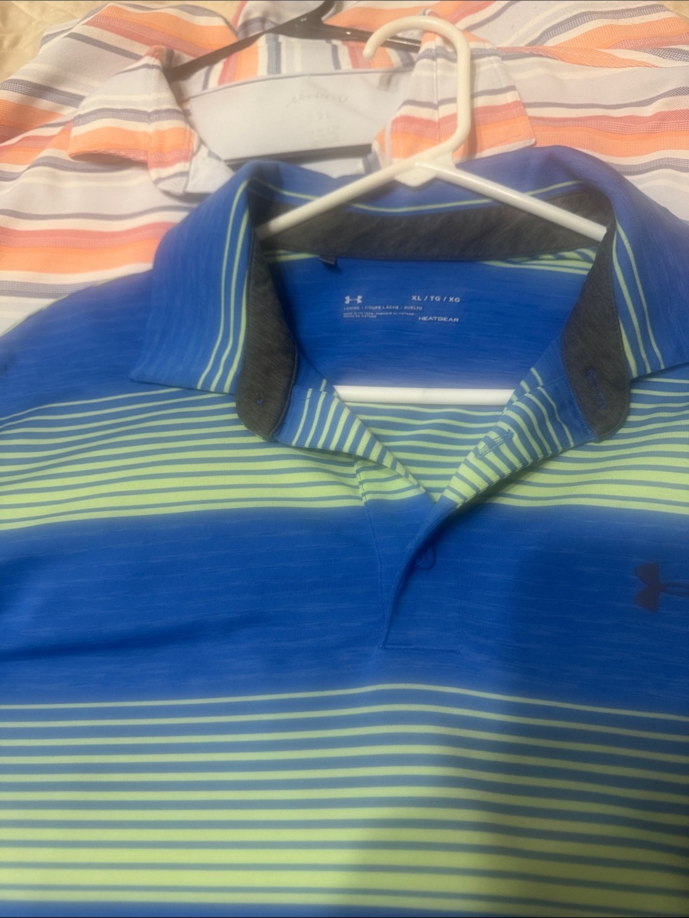 Under Armour Men's Blue and Lime Striped Polo